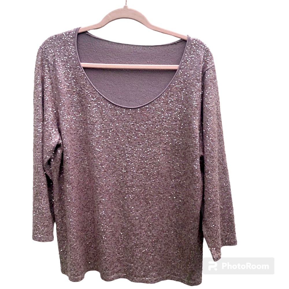 Eileen Fisher taupey silk blend sequin pop over sweater